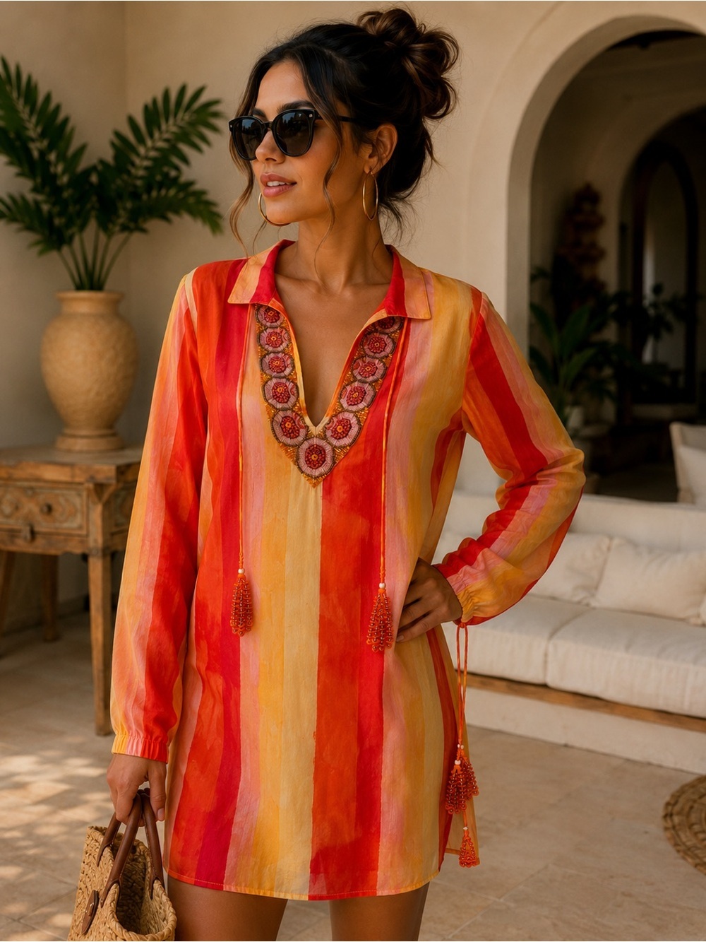 Florabella Pink Orange Yellow Stripe Beaded Tunic Coverup Size Medium